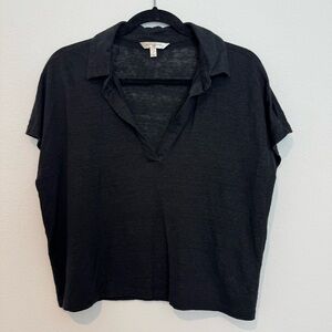Banana Republic Linen Short Sleeve Polo Shirt Top in Black